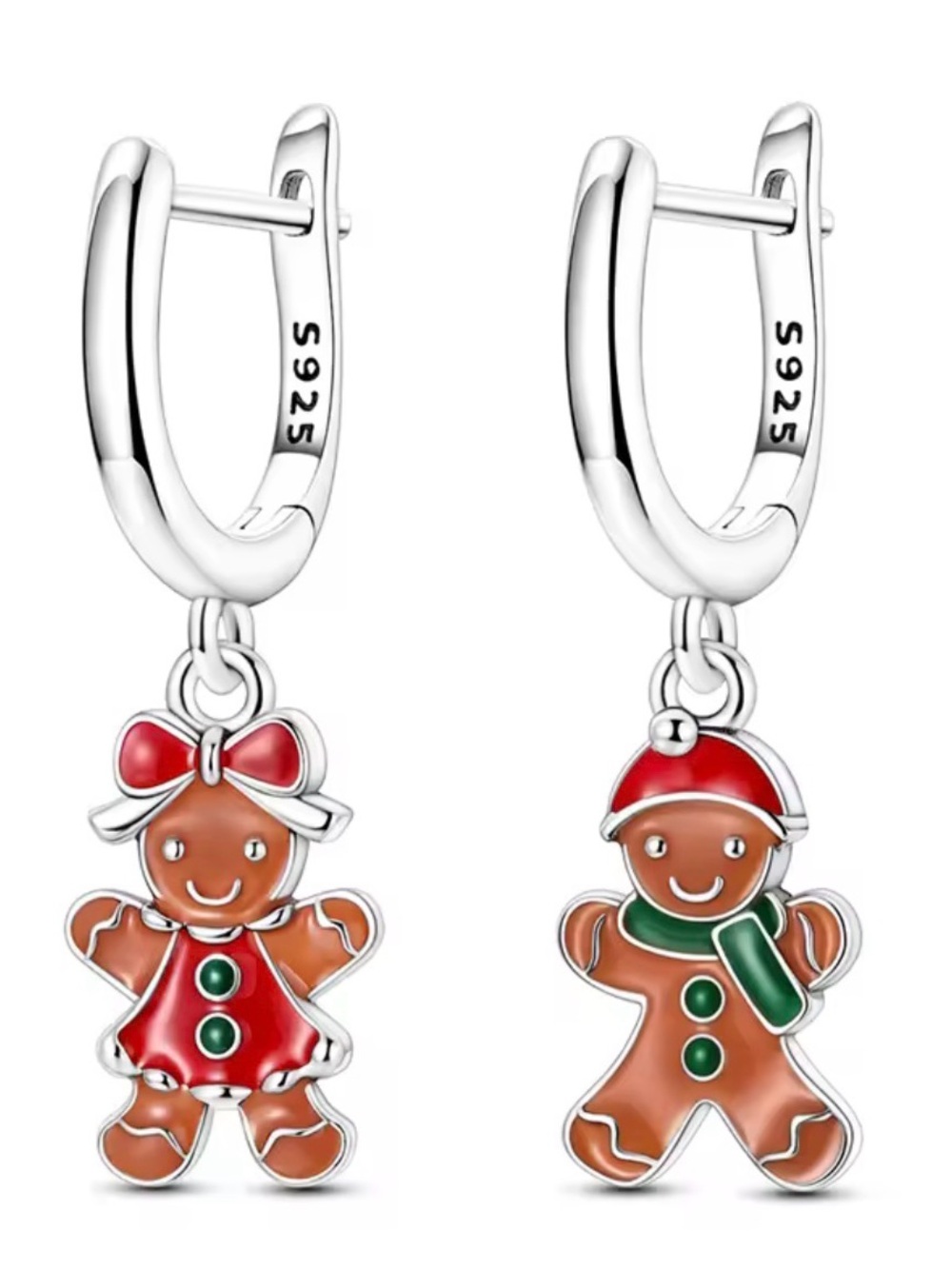 Sterling Silver Gingerbread Boy & Girl Dangle Earrings in Red and Green